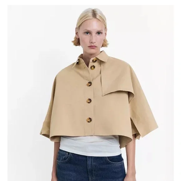 Mango Tan Cropped Cape Jacket with Button Details - Picture 3 of 6